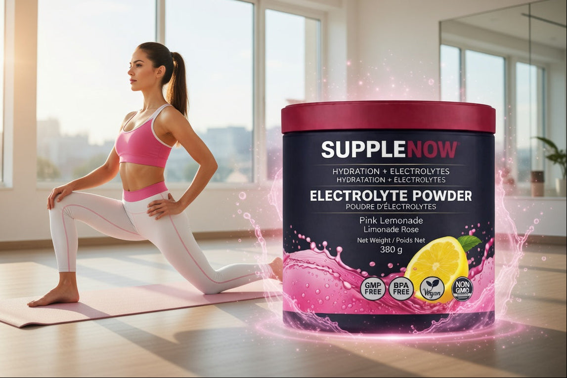 Woman in workout attire stretching in a bright room with SuppleNow Pink Lemonade electrolyte powder container.